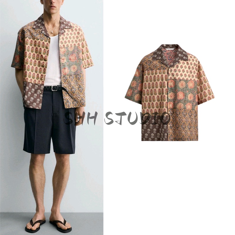 Summer New Men's Clothing French Loose-Fitting Bowling Shirt Collar Short-Sleeved Patchwork Printed Shirt 0881351 Summer New Men's Clothing French Loose-Fitting Bowling Shirt Collar Short-Sleeved Patchwork Printed Shirt 0881351