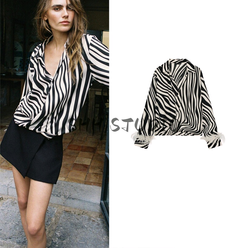 Spring and Summer New Women's Clothing French Simple Long-Sleeved Lapel Feather Trim Zebra Print Shirt 3222195 Spring and Summer New Women's Clothing French Simple Long-Sleeved Lapel Feather Trim Zebra Print Shirt 3222195