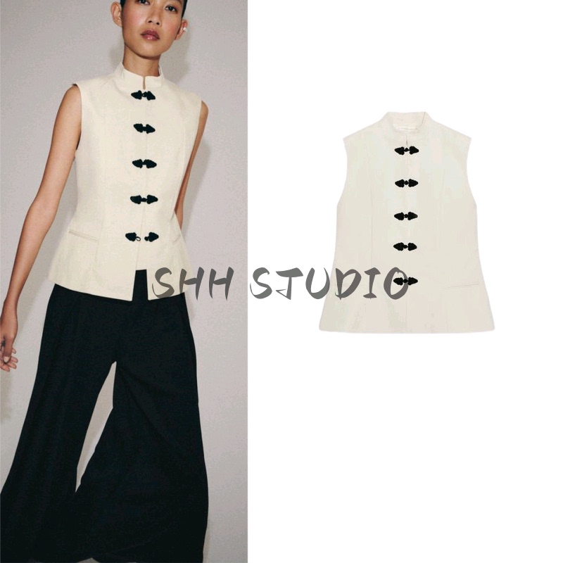 Summer New Women's Clothing French Casual Style Knot Buckle Sleeveless Round Neck Pocket Trim Vest 7006325