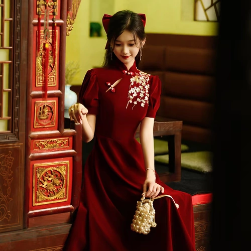 Ципао, летнее бордовое вечернее платье, свадебное платье, подходит для подростков, китайский стиль, по фигуре