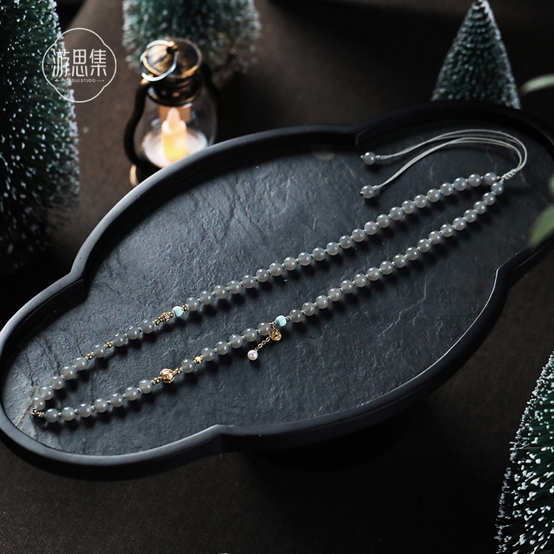 Smoke Purple [Yanqing Multi-Purpose Chain] Hetian Jade Beaded Sweater Necklace Bracelet S925 Silver Pearl Gift