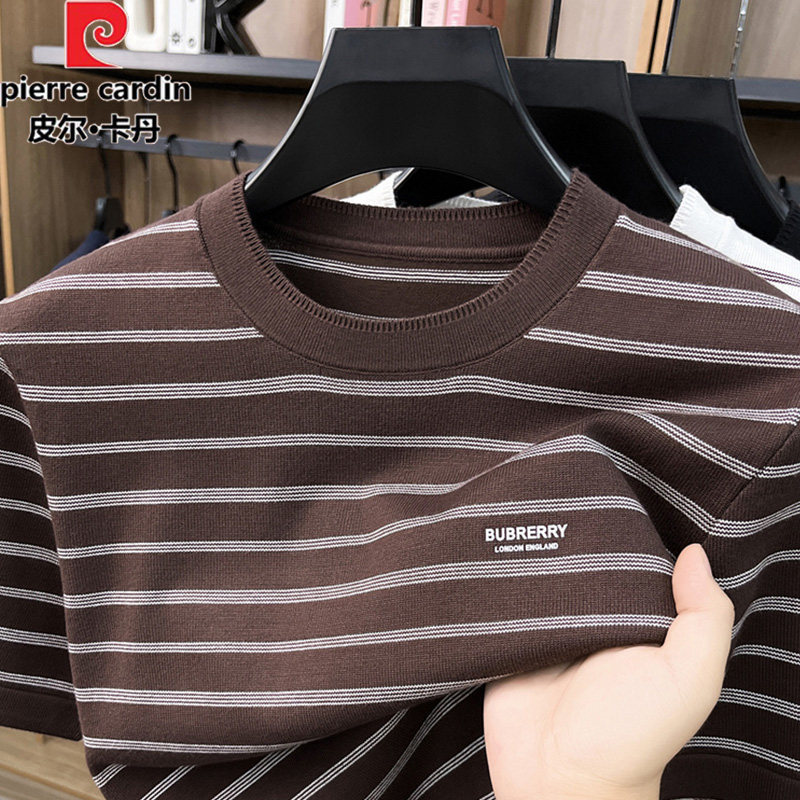 Pierre Cardin Round Neck Sweater Men's Short-Sleeved Spring and Autumn New Casual Loose Striped Top Knitted Bottoming Shirt