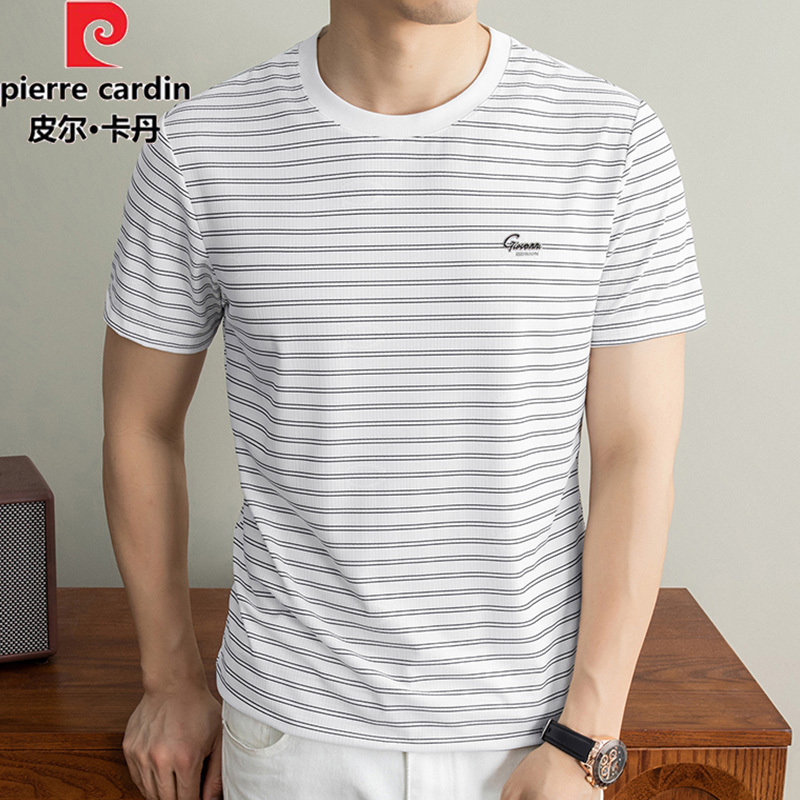 Pierre Cardin Striped Short-Sleeve T-Shirt for Men, Round Neck, Summer New Casual Ice Silk Top, Half-Sleeve Base Shirt