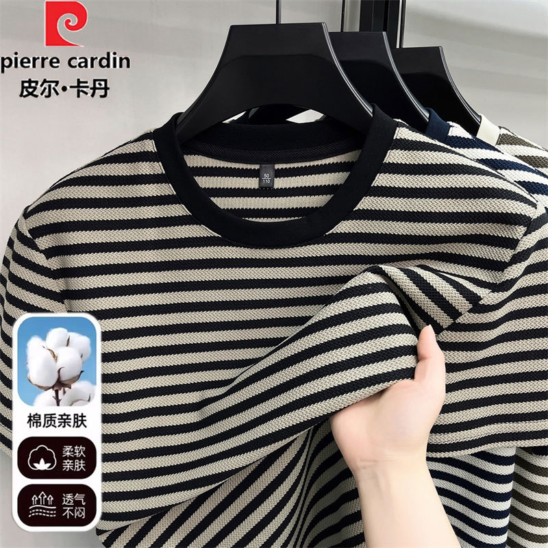 Pierre Cardin Striped Short-Sleeved T-Shirt Men's Round Neck Summer New Casual Half-Sleeved Summer Top Loose T-Shirt