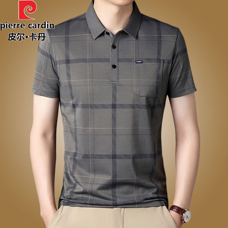 Pierre Cardin Summer Ice Silk T-Shirt for Men, Short-Sleeved, Collared, Plaid, Loose Fit, Middle-Aged Dad Half-Sleeve Base Polo Shirt Pierre Cardin Summer Ice Silk T-Shirt for Men, Short-Sleeved, Collared, Plaid, Loose Fit, Middle-Aged Dad Half-Sleeve Base Polo Shirt