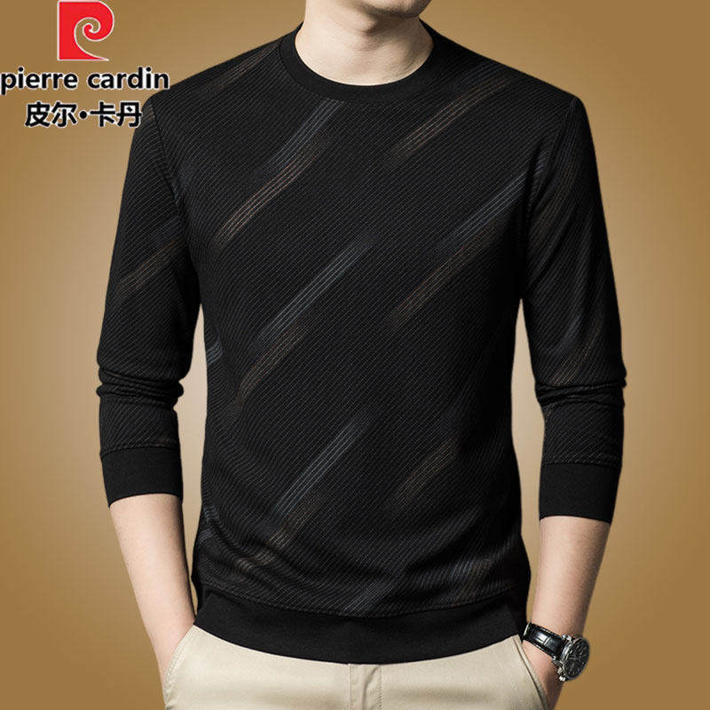 Pierre Cardin Ice Silk Long-Sleeve T-Shirt for Men, Striped, Spring and Autumn Thin Sweatshirt, Trendy Casual Loose Round-Neck Base Shirt