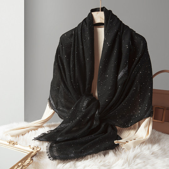 Black Scarf Imported Wool Autumn and Winter Oversized Wool Cashmere Scarf Korean Style Women's Versatile Shawl with Sequin Decoration