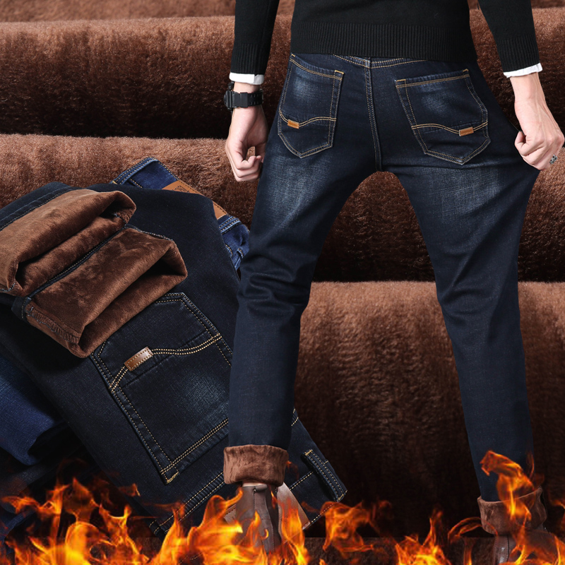 秋冬季男士新款直筒加绒牛裤厚款弹力牛仔裤