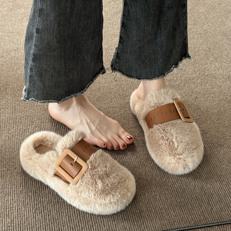 Baotou Semi-slipper Female Outer wear 2023 Autumn Winter New net red pine pastry Thick Bottom Fur Slippers Foreign Air Warm Cotton Tug-Taobao