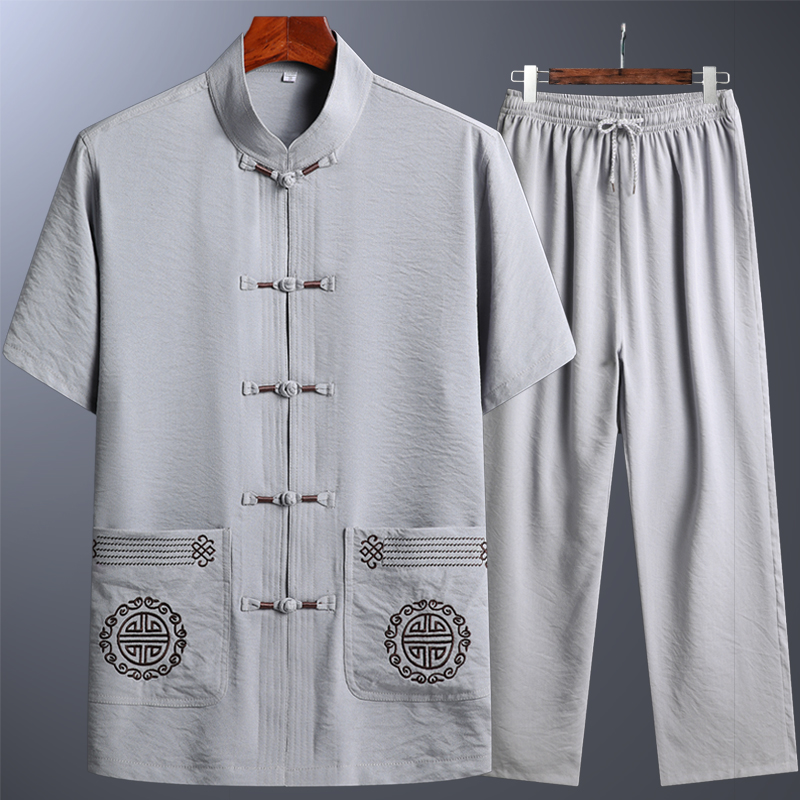 Don'ts in men's middle aged summer clothes Grandpa China Wind Dad Summer short sleeve suit Older cotton Cotton Hemp Loose Clothing