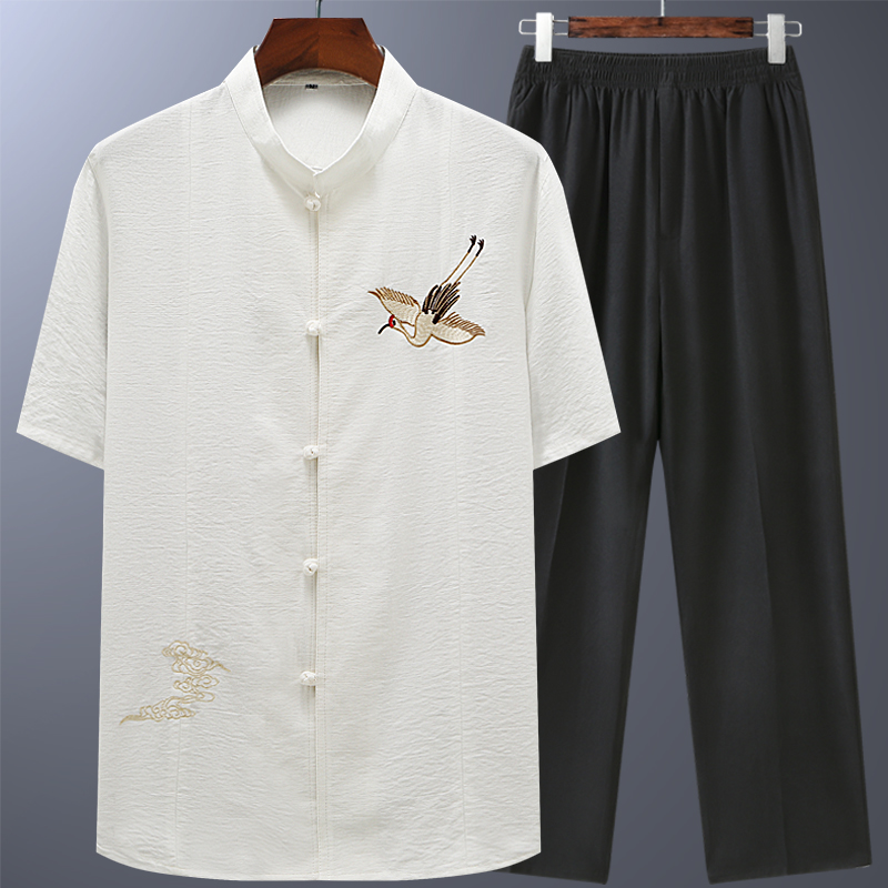 Elderly cotton linen dress Male Summer thin section Old aged short sleeves Dad China Wind Grandpa Summer clothing white shirt