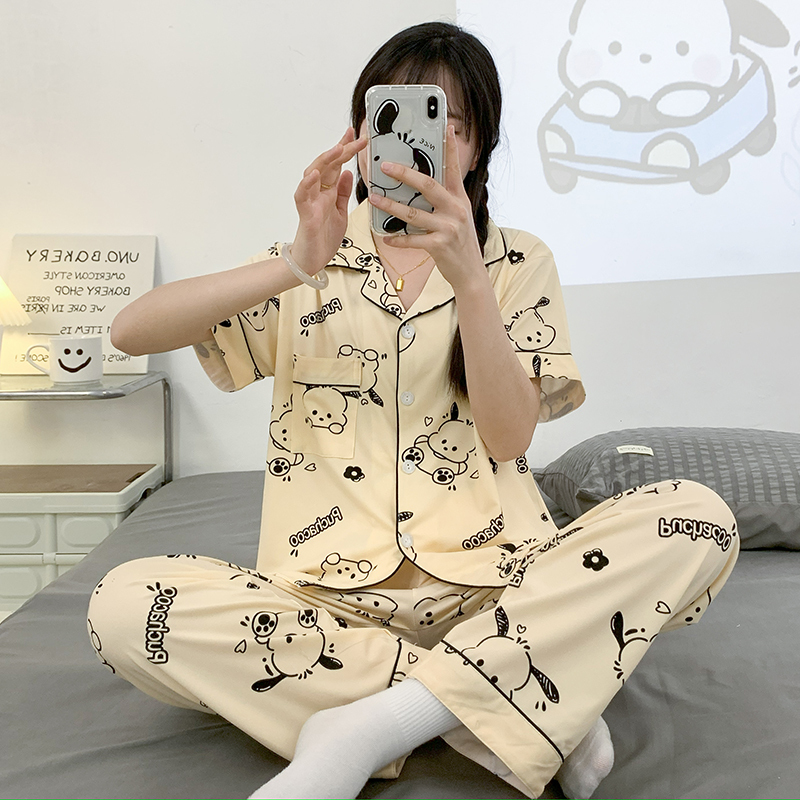 Women's Summer Pajamas Short-Sleeved Long Pants 150kg Cartoon Pochacco Plus Size for Air-Conditioned Rooms 100kg Loungewear Women's Summer Pajamas Short-Sleeved Long Pants 150kg Cartoon Pochacco Plus Size for Air-Conditioned Rooms 100kg Loungewear