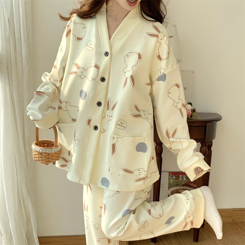 Spring and Autumn Pajamas for Women, Plus Size 100kg with Chest Pads to Prevent Bulges, Thin Cardigan, Rabbit Long-Sleeved Loose-Fitting Loungewear