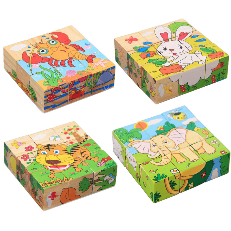 Wooden Six-sided Picture Puzzle Three-dimensional Large Block Children Puzzle Marine Fauna Early Teach Kindergarten Baby Toys-Taobao