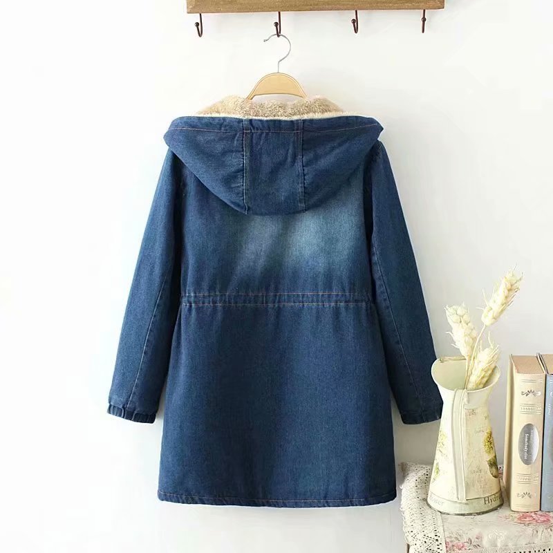 Hàn Quốc phiên bản của sinh viên nữ denim quần áo nữ chất liệu bông 2019 mùa đông mới của phụ nữ quần áo dài vừa cừu len eo bông quần áo triều