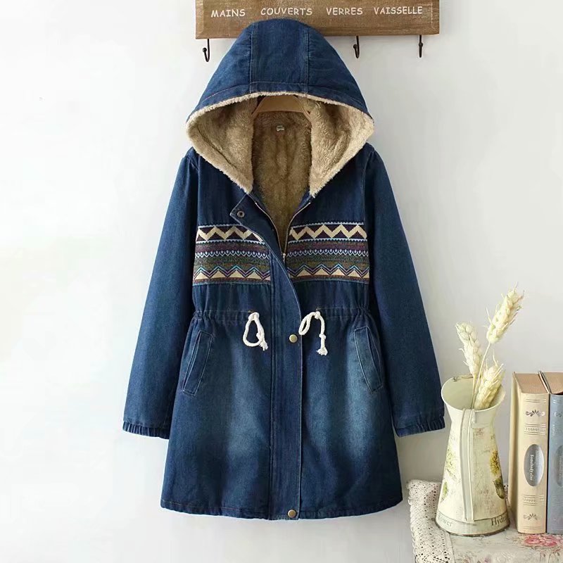 Hàn Quốc phiên bản của sinh viên nữ denim quần áo nữ chất liệu bông 2019 mùa đông mới của phụ nữ quần áo dài vừa cừu len eo bông quần áo triều