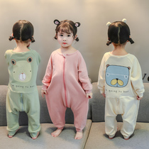 Childrens conjoined pajamas womens spring long sleeves cotton kick-resistant sleeping bags girls children children home clothes