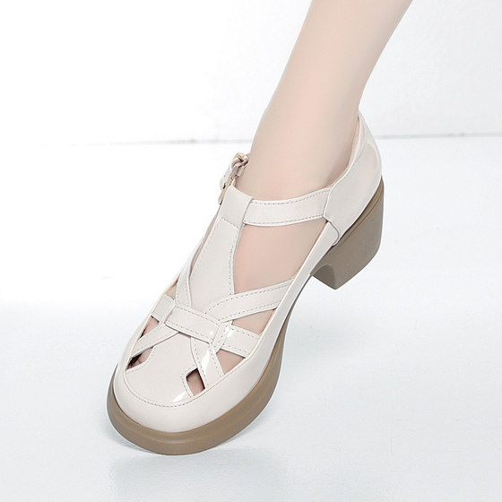 夏季真皮女士凉鞋女新款乐福鞋软底皮鞋镂空漆皮大码女鞋41女款不