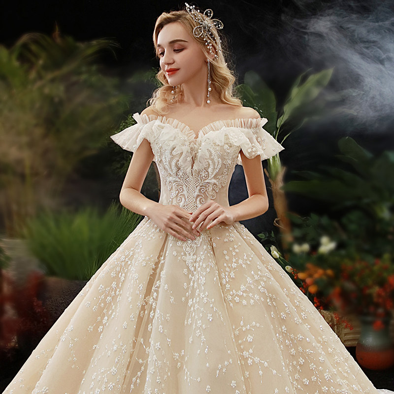 Main wedding dress 2021 new temperament trailing forest department super fairy dream starry sky word shoulder small bridewoman