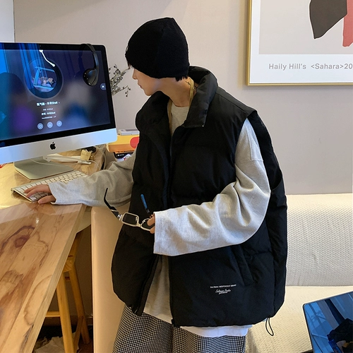 Tide, ретро черный демисезонный жилет, куртка с пухом без рукавов, свободный крой, подходит для подростков