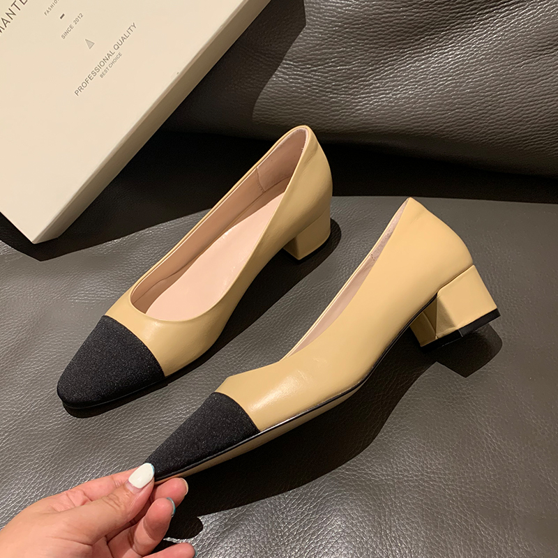 Mr. sheng ~ classic sheepskin small fragrant wind stitching shoes shallow single shoes women Joker low-heeled temperament thick-heeled women's shoes