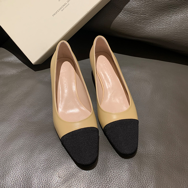 Mr. sheng ~ classic sheepskin small fragrant wind stitching shoes shallow single shoes women Joker low-heeled temperament thick-heeled women's shoes