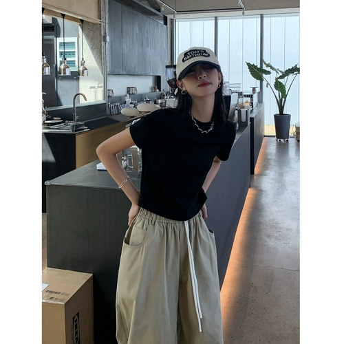 Летняя двусторонная эластичная однотонная короткая футболка, по фигуре