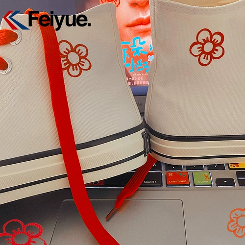 Feiyue feiyue, повседневная мужская обувь с маленьким красным цветком, модная женская обувь из холста с высоким берцем, расписанная граффити