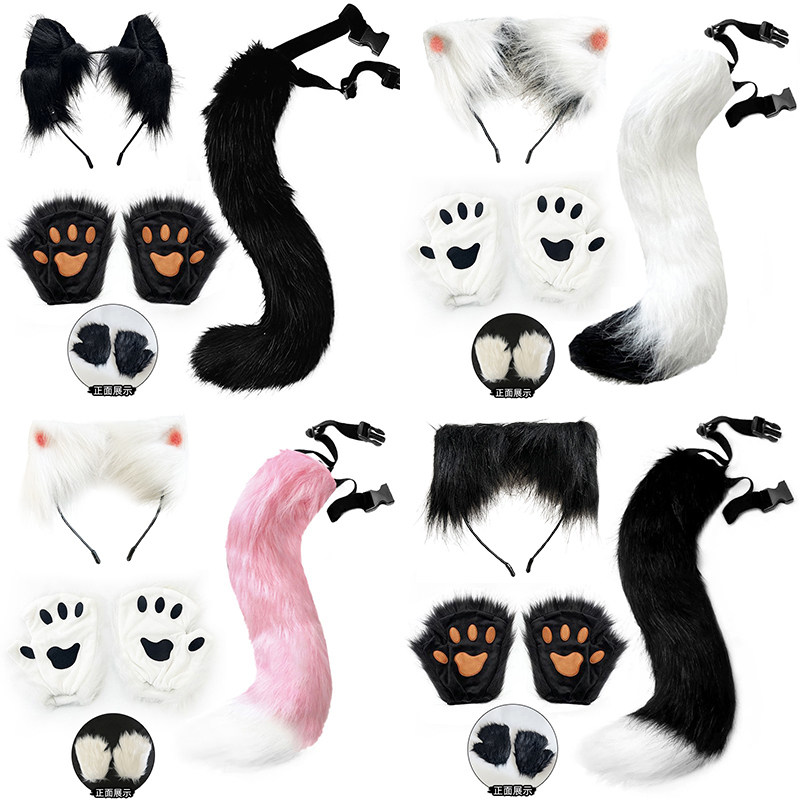 かわいいぬいぐるみ指なし手袋、獣の尻尾と耳のヘッドドレス、コスプレ用ぬいぐるみマスクヘアアクセサリー、狐の尻尾セット
