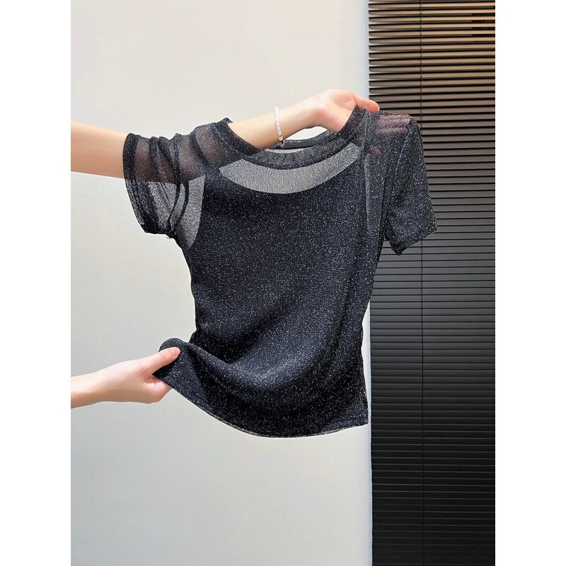 Trendy and Stylish Short-Sleeve T-Shirt for Women with Rhinestone Mesh, Summer Fake Two-Piece, Sexy and Beautiful See-Through ins Short Top Trendy and Stylish Short-Sleeve T-Shirt for Women with Rhinestone Mesh, Summer Fake Two-Piece, Sexy and Beautiful See-Through ins Short Top
