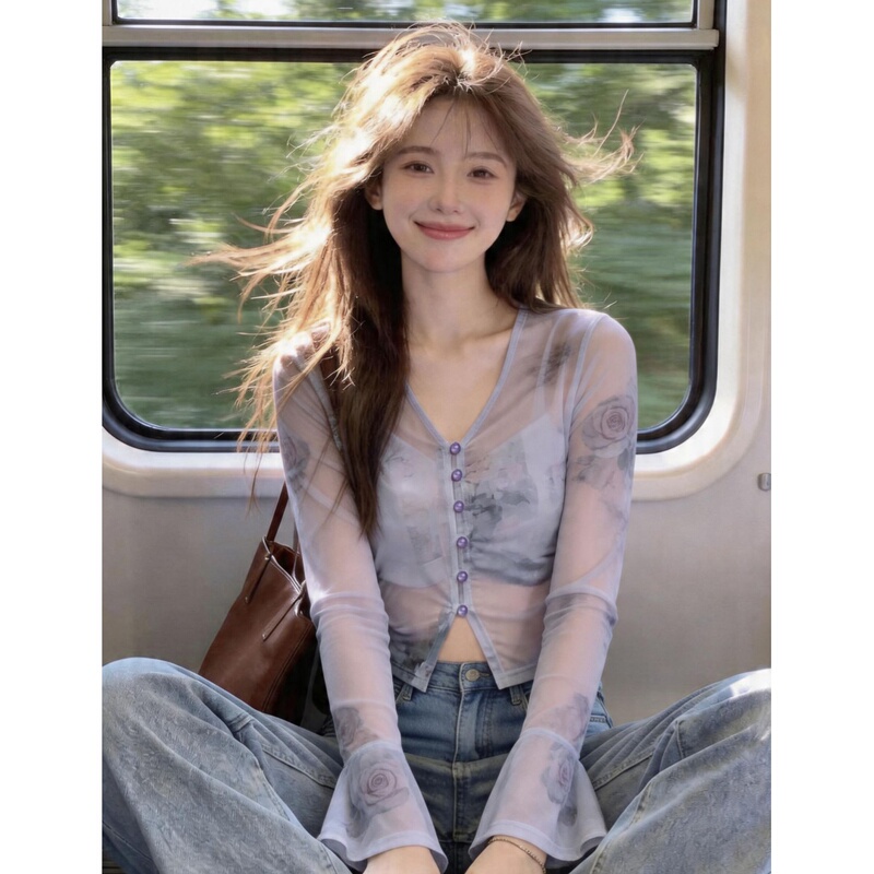 Stylish Gradient Long-Sleeve T-Shirt for Women, Thin Mesh See-Through Sun Protection Cover-Up, Purple Air-Conditioning Cardigan Top Stylish Gradient Long-Sleeve T-Shirt for Women, Thin Mesh See-Through Sun Protection Cover-Up, Purple Air-Conditioning Cardigan Top