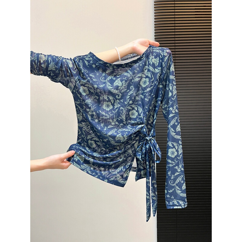Vintage Printed Long-Sleeve T-Shirt for Women with Tie Waist, Double-Layer Mesh Overlay, Stylish and Cool Air-Conditioned Top