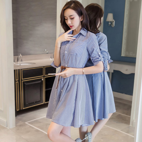 Shirt skirt mid-length spring and autumn 2023 Korean style women's fashionable temperament slim striped summer shirt dress