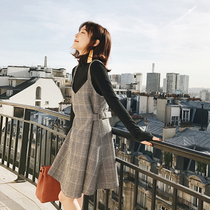 HSW2021 autumn and winter New High collar bottoming sweater strap skirt two-piece female slim suspender skirt dress