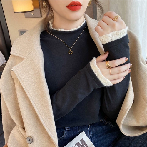 Кружевной бархатный приятный телу лонгслив, высокий воротник, в западном стиле, премиум класс