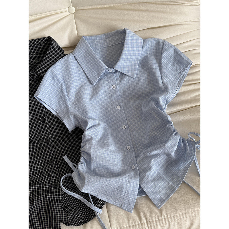 Blue Plaid Short-Sleeved Shirt for Women, Summer 2026 New Style, Collared Shirt with a Unique Design, Waist-Cinching Drawstring Top
