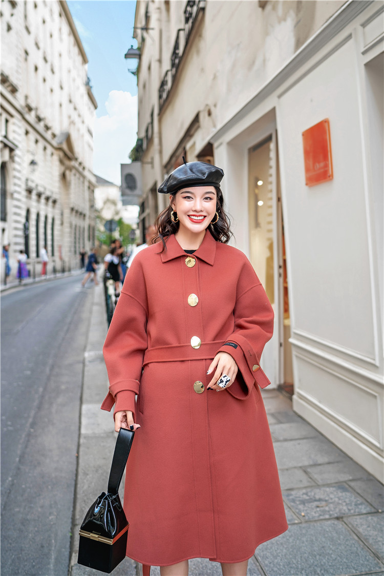 Áo choàng cổ retro Hepburn gió màu đỏ san hô áo khoác thắt eo thanh lịch trên đầu gối len áo dạ nữ hàn quốc