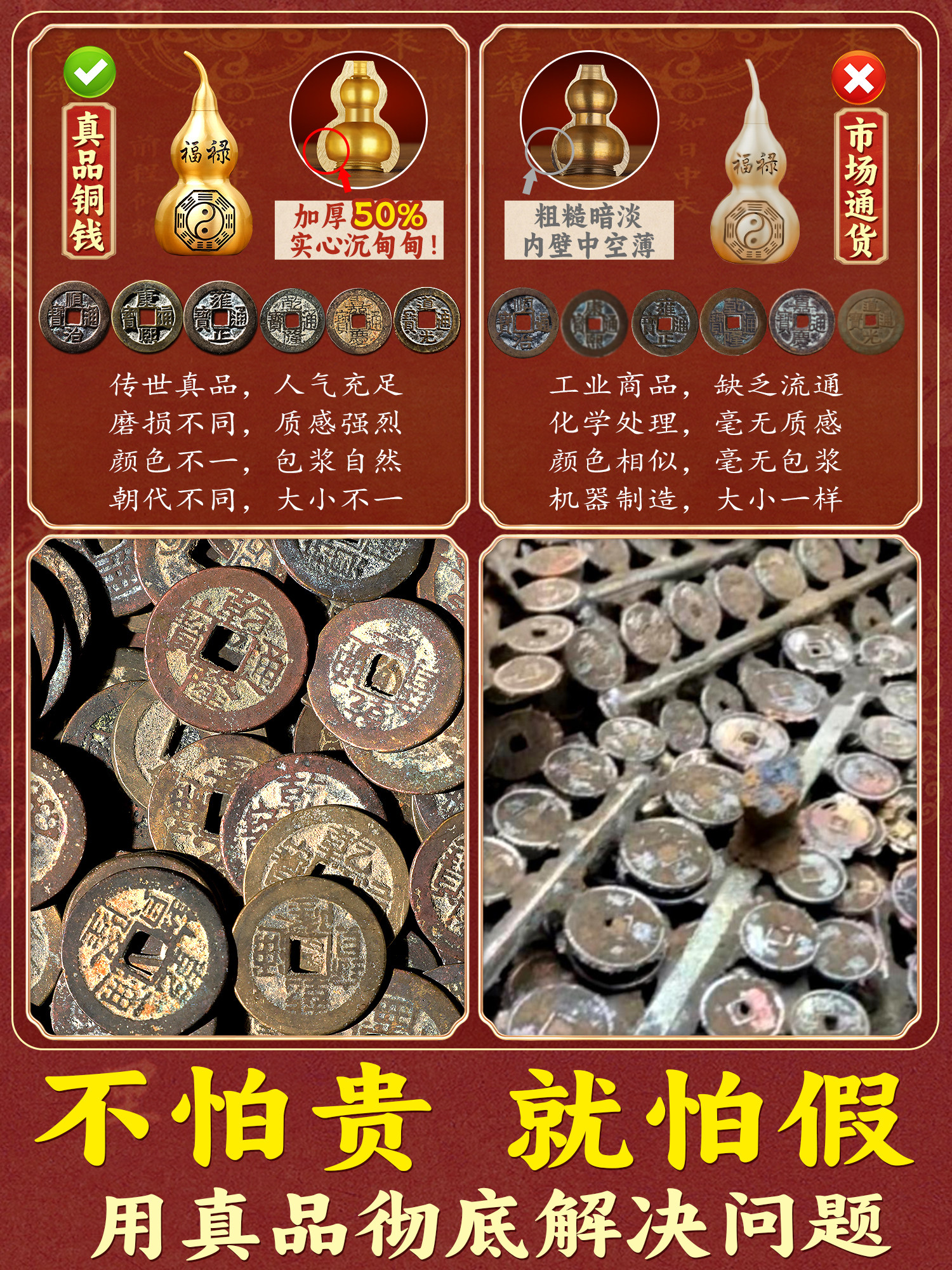 六帝錢銅製掛飾附葫蘆鈴與黃繩