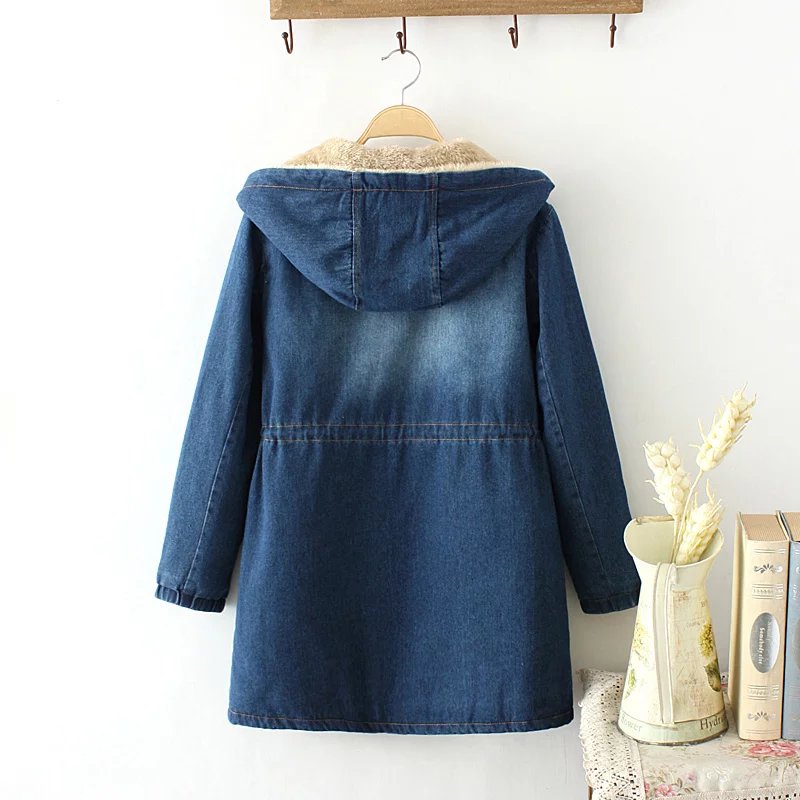 Winter denim quần áo cotton Hàn Quốc phiên bản cộng với nhung quần áo bông dày sinh viên vừa chiều dài trùm đầu cừu áo len mùa đông triều