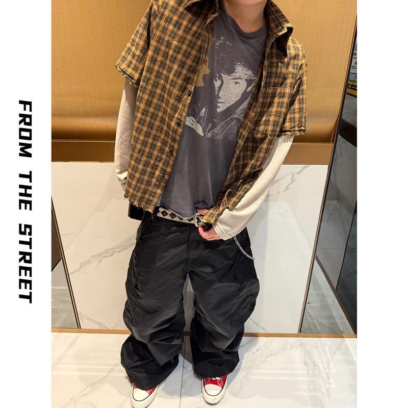 From the Street American Street Style Plaid Fake Two-Piece Shirt Men's Loose Top