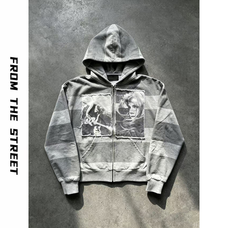 From the Street Avril Lavigne Punk Rock Sweatshirt Jacket with Striped Raw Edge Patchwork