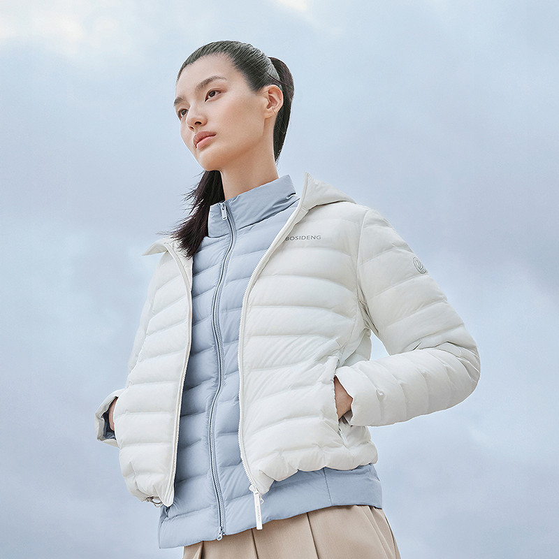 Bosideng 2026 Spring New Style Ribbed Goose down Lightweight Casual Short Hooded Quilted down Jacket for Women
