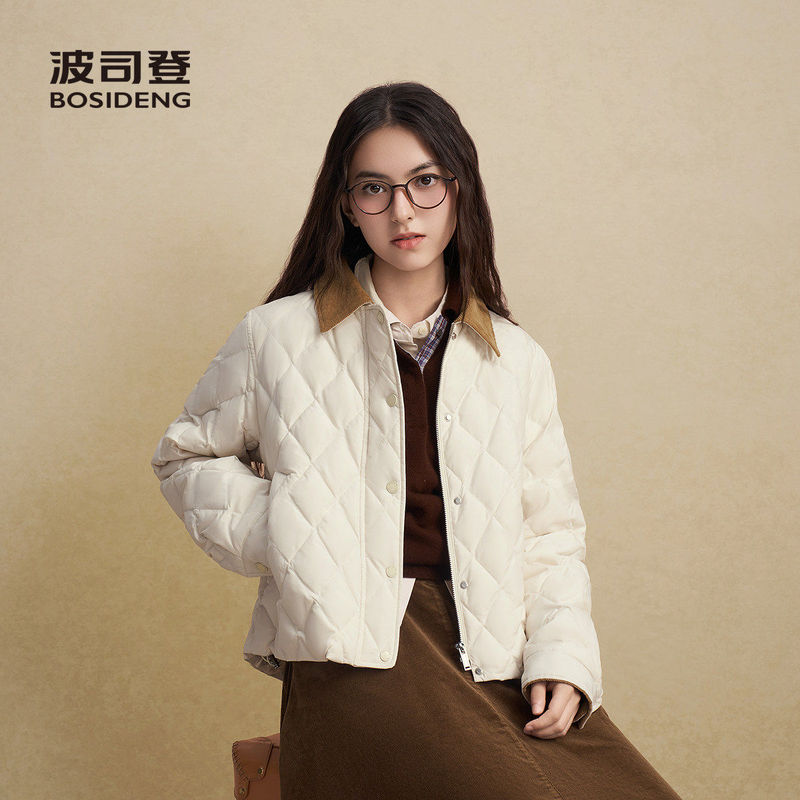 Bosideng Women's down Jacket 2026 New Vintage Style Short Warm Long Sleeve Turn-Down Collar Quilted Lightweight Coat