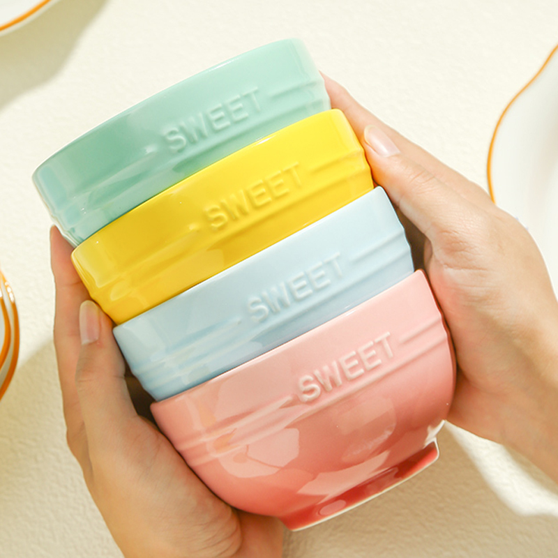Rainbow Gradient Color Rice Bowls*4 Pieces, Trendy and Aesthetically Pleasing Ceramic Dining Bowl Set, Household Tableware Small Bowlware