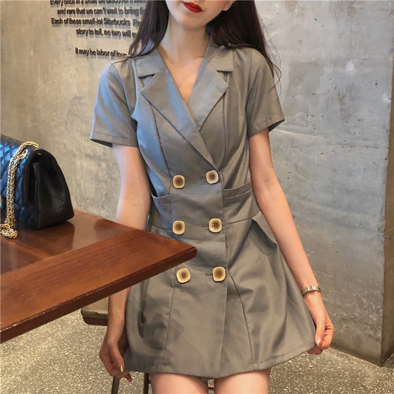 VK旗艦店 韓系復古氣質收腰百褶小西裝雙排釦短袖洋裝
