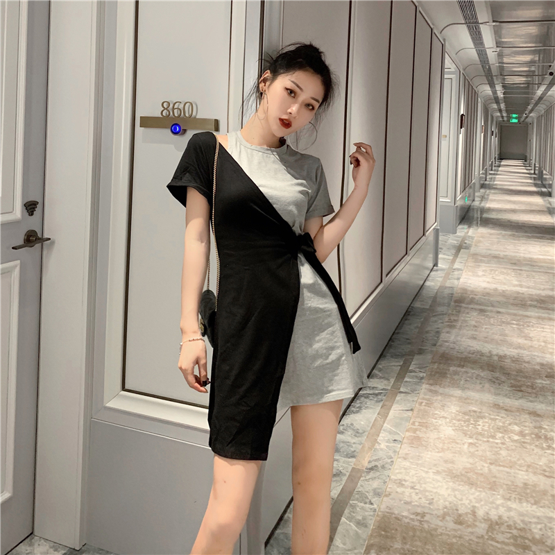 VK旗艦店 韓系復古氣質撞色個性短袖洋裝