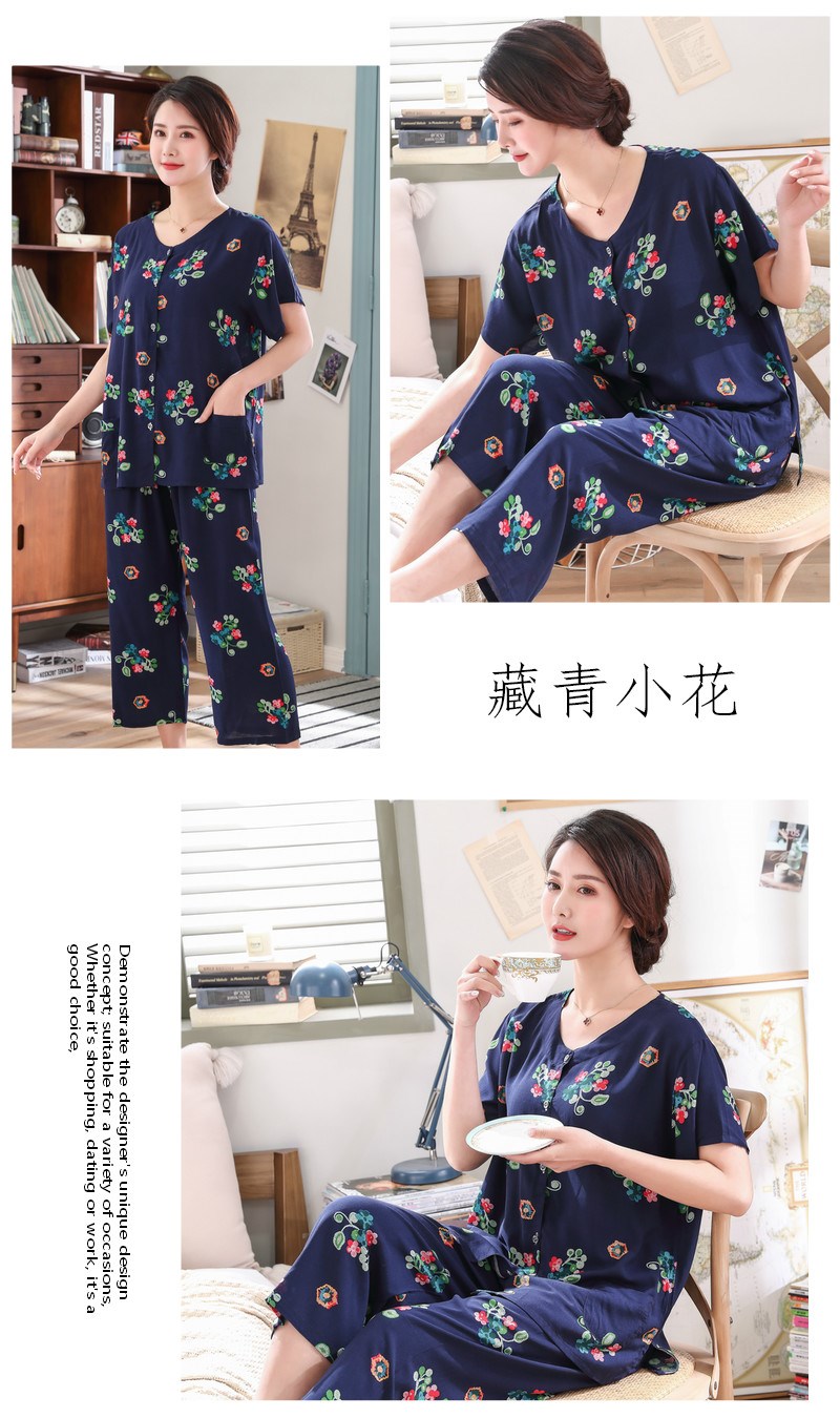 Bộ đồ ngủ cotton trung niên và lớn hơn XL mùa hè cho mẹ tải bằng vải cotton ngắn tay phù hợp với bộ đồ mỏng - Bên ngoài ăn mặc đồ bộ bầu