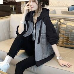 European denim stitching hooded jacket for women small, stylish and versatile baseball uniform autumn 2024 new European station