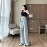 Ретро летние штаны, прямые свободные джинсы, с вышивкой, высокая талия, свободный крой