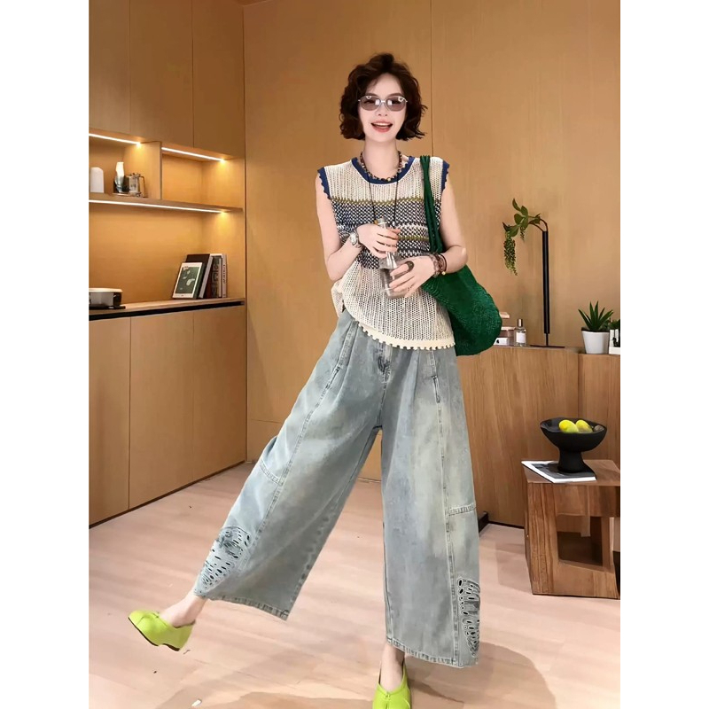 American Retro Blue Wide-Leg Cropped Jeans for Women 2026 Summer New Hollow-Out Butterfly Loose Slimming Straight-Leg Pants